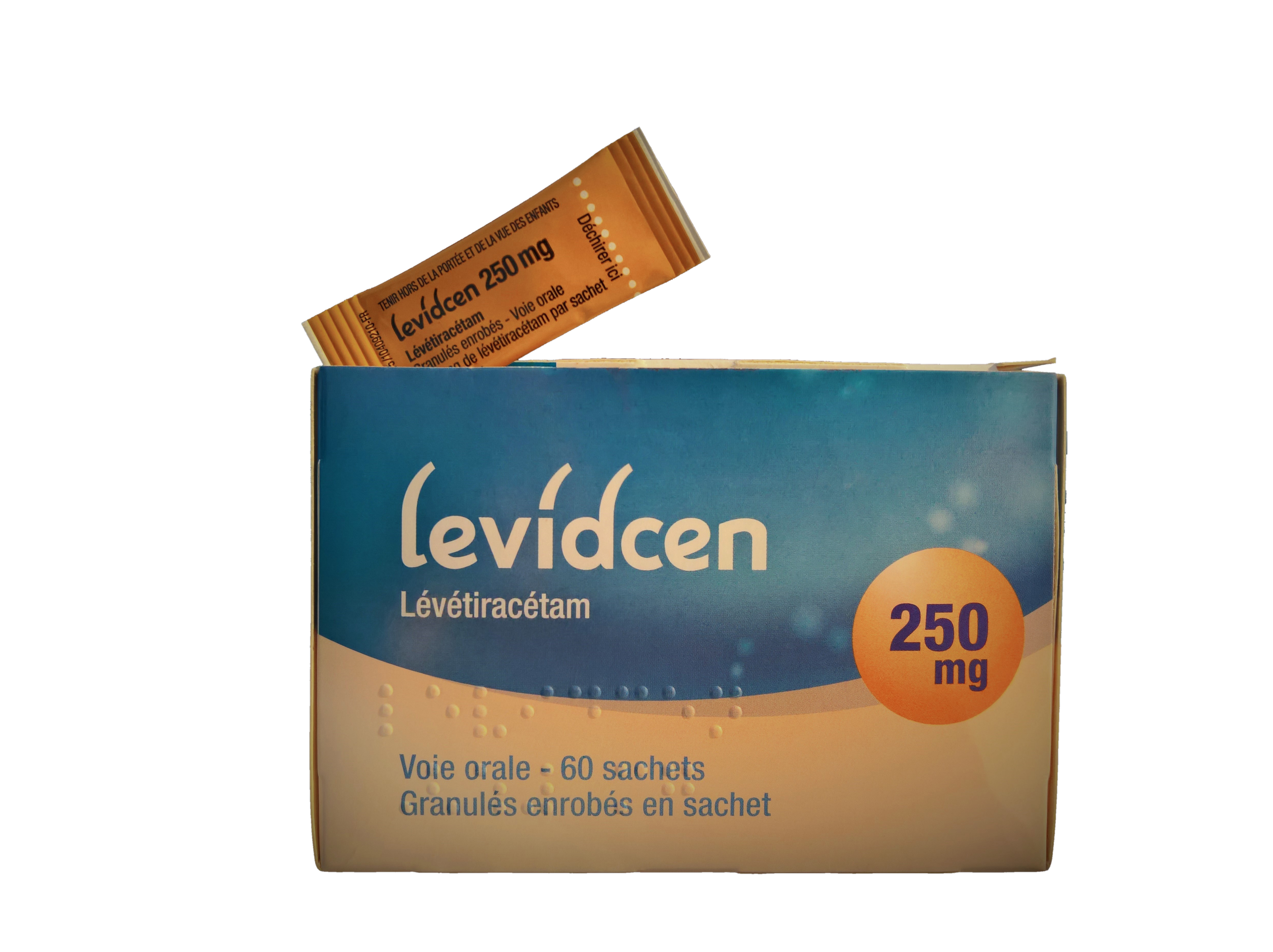 Photo de conditionnement <span class='vidalbox-gamme-product'>(LEVIDCEN 250 mg glé enr en sachet)</span>